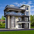 Modern Detached Villa With Multiple Balconies Large Glass Windows Green Lawn And Trees