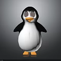 Penguin with black back white belly orange feet and big eyes on gray background