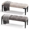 Tufted Upholstered Bench with Light and Dark Gray Fabric Black Legs and Gray Throw Blanket