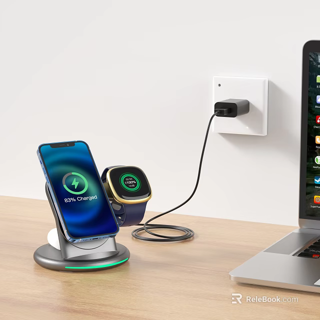 Smartphone And Smartwatch Wireless Charging Setup With Stand And Laptop On Desktop 3d model 
