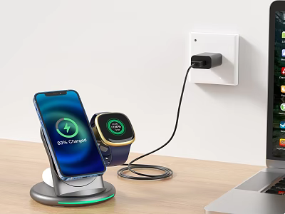 Smartphone And Smartwatch Wireless Charging Setup With Stand And Laptop On Desktop 3d model