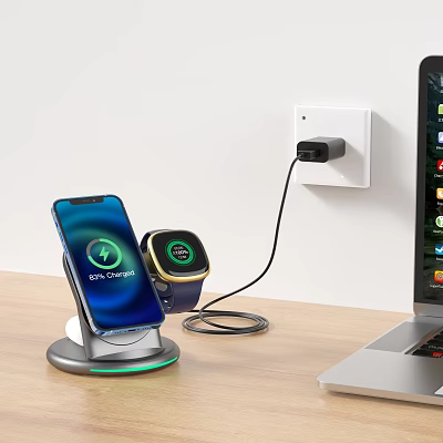 Smartphone And Smartwatch Wireless Charging Setup With Stand And Laptop On Desktop 3d model
