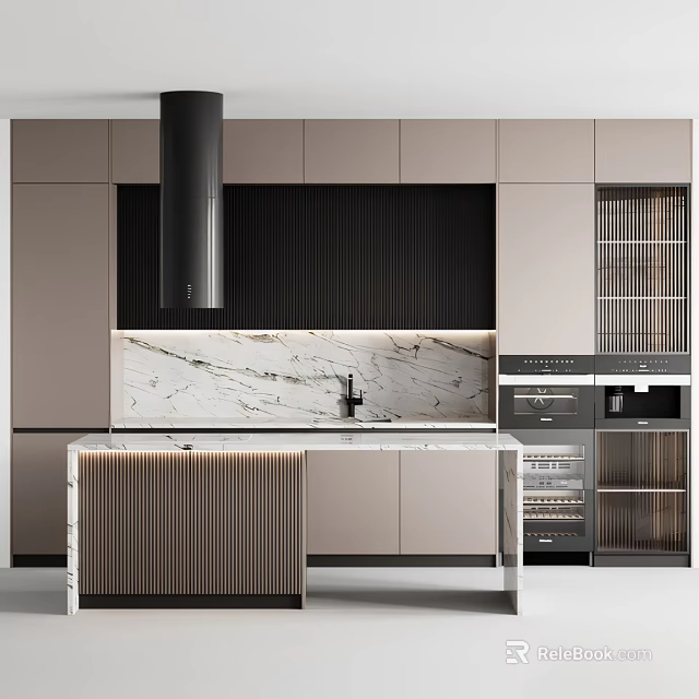 Modern Kitchen Cabinets With Marble Countertop Black Range Hood And Glass Door Appliances Area 3d model 