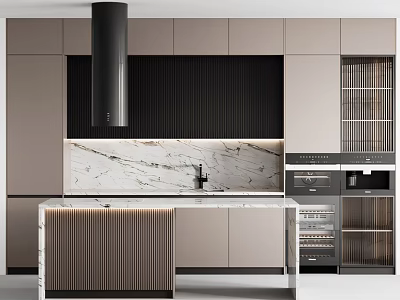Modern Kitchen Cabinets With Marble Countertop Black Range Hood And Glass Door Appliances Area 3d model
