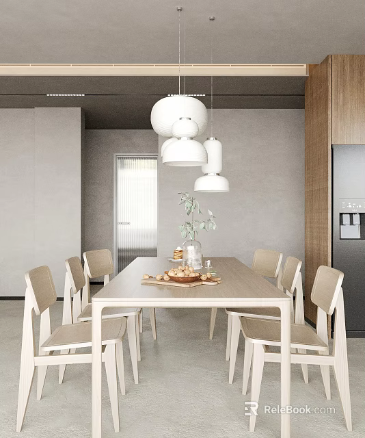 Contemporary Restaurant Interior With Wooden Dining Table Light Chairs And White Pendant Lights 3d model 