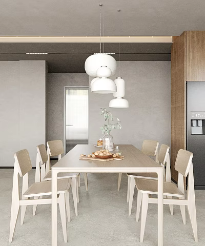 Contemporary Restaurant Interior With Wooden Dining Table Light Chairs And White Pendant Lights 3d model