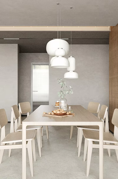 Contemporary Restaurant Interior With Wooden Dining Table Light Chairs And White Pendant Lights 3d model