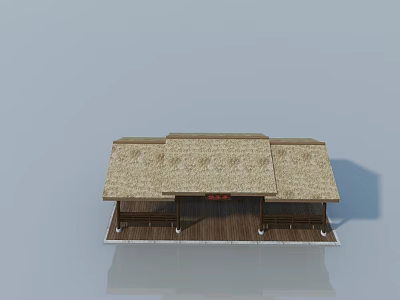 Outdoor Wooden Pavilion With Side Hung Door And Thatched Roof Structure 3d model