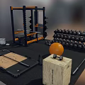 Sports Equipment Setup In Gym With Power Rack Barbells Dumbbells Weight Plates And Exercise Ball