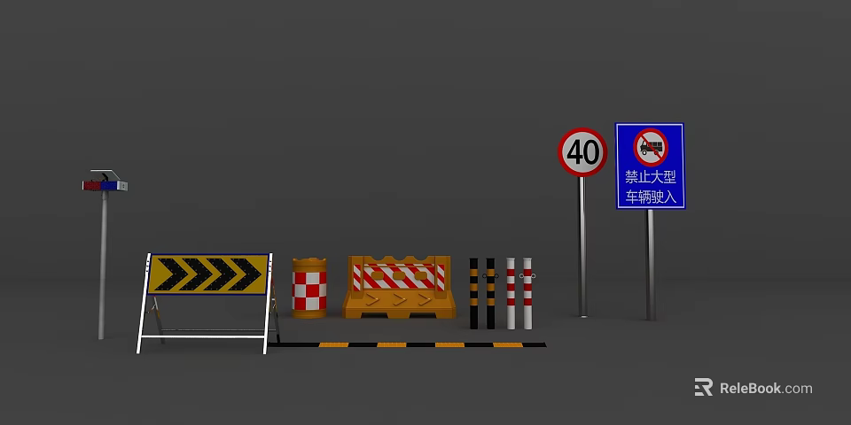 Essential Road Traffic Facilities Including Speed Limit Signs No Large Vehicles Signs And Warning Barriers 3d model 
