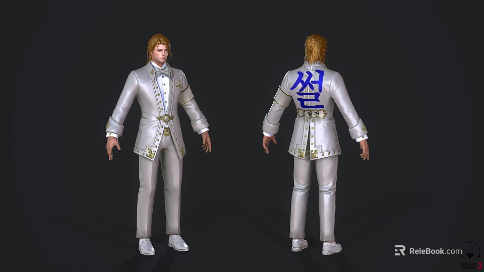 Man Wearing Silver White Suit With Gold Decorations Front And Back Views 3d model 