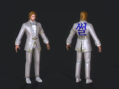 Man Wearing Silver White Suit With Gold Decorations Front And Back Views 3d model