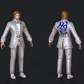 Man Wearing Silver White Suit With Gold Decorations Front And Back Views