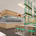 Bright Modern Restaurant Interior Featuring Glass Windows Green Railings Counter And Hanging Lights