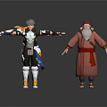 Futuristic Tech Equipped Young Character and Traditional Elderly Man in Red Robe with Long Beard