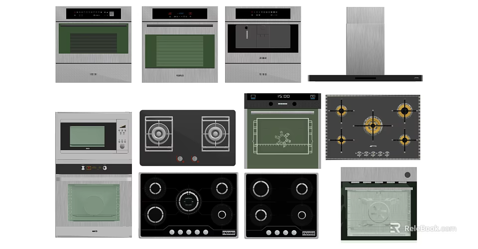 Modern Kitchen Appliances Including Oven Range Hood Microwave And Gas Stove 3d model 