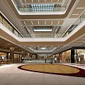 Shopping Mall Lobby Interior Design With Escalator Wooden Slat Ceiling Storefront Windows And Modern Lighting
