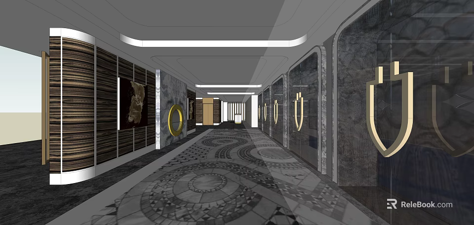 Elegant Hotel Corridor Featuring Intricate Mosaic Floor Marble Walls And Recessed Lighting 3d model 