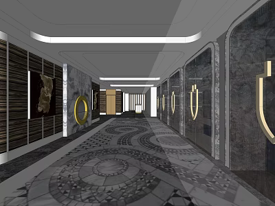 Elegant Hotel Corridor Featuring Intricate Mosaic Floor Marble Walls And Recessed Lighting 3d model