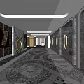 Elegant Hotel Corridor Featuring Intricate Mosaic Floor Marble Walls And Recessed Lighting