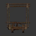 Ancient Wooden Equipment With Wheels Metal Chains And Structural Frame
