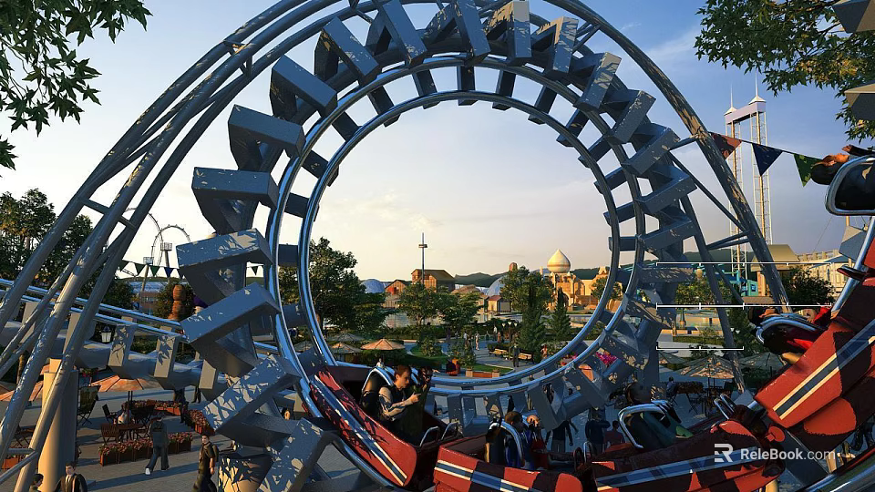 Thrilling Roller Coaster Loop Ride In Amusement Park With Visitors Riding 3d model