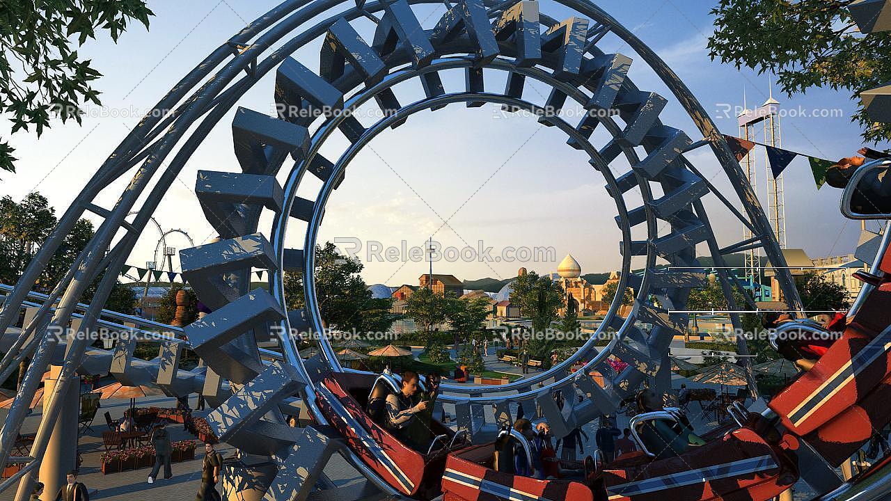 Exciting roller coaster with animated architecture roaming animated shots 3d model