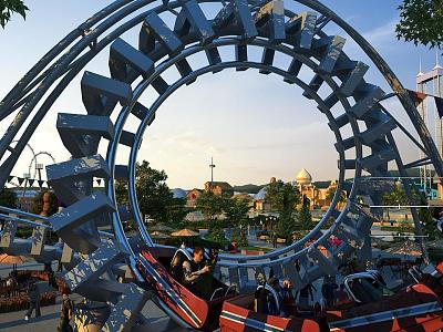 Exciting roller coaster with animated architecture roaming animated shots 3d model