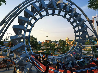 Thrilling Roller Coaster Loop Ride In Amusement Park With Visitors Riding 3d model