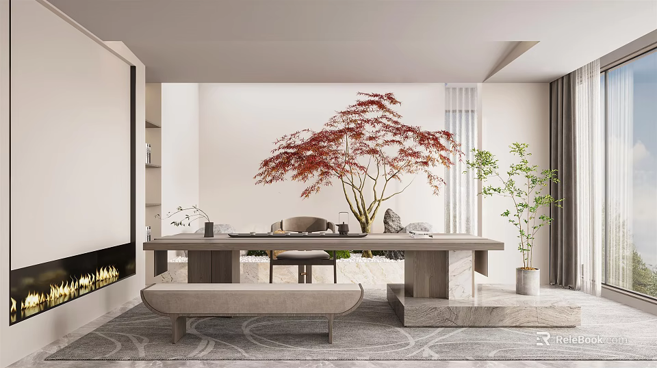 Modern Tea Room Interior Design With Table Red Maple Tree Bench Fireplace And Plants 3d model