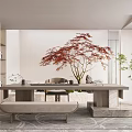 Modern Tea Room Interior Design With Table Red Maple Tree Bench Fireplace And Plants 3d model