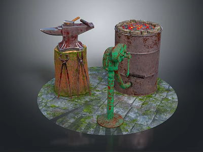 Vintage Household Tools Collection With Rusty Barrel Green Hand Pump And Anvil On Stone Slab 3d model