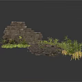 Modern Outdoor Scene With Stone Wall Scattered Bricks And Lush Green Plants