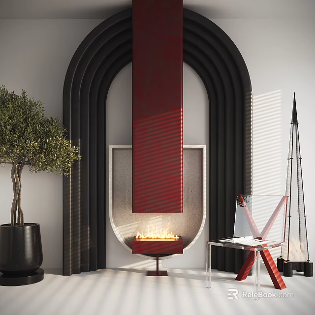 Modern Fireplace Design With Arched Black Structure Red Panel And Burning Flames 3d model