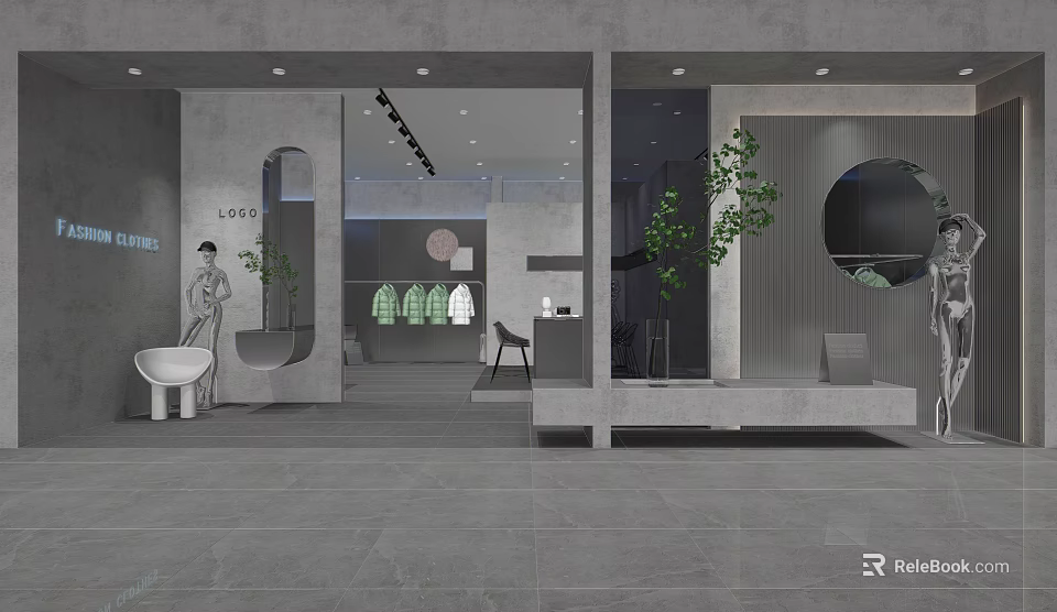 Modern Clothing Store With Gray Tones Open Display Space Green Plants Round Mirror And Mannequin 3d model 