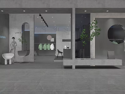 Modern Clothing Store With Gray Tones Open Display Space Green Plants Round Mirror And Mannequin 3d model