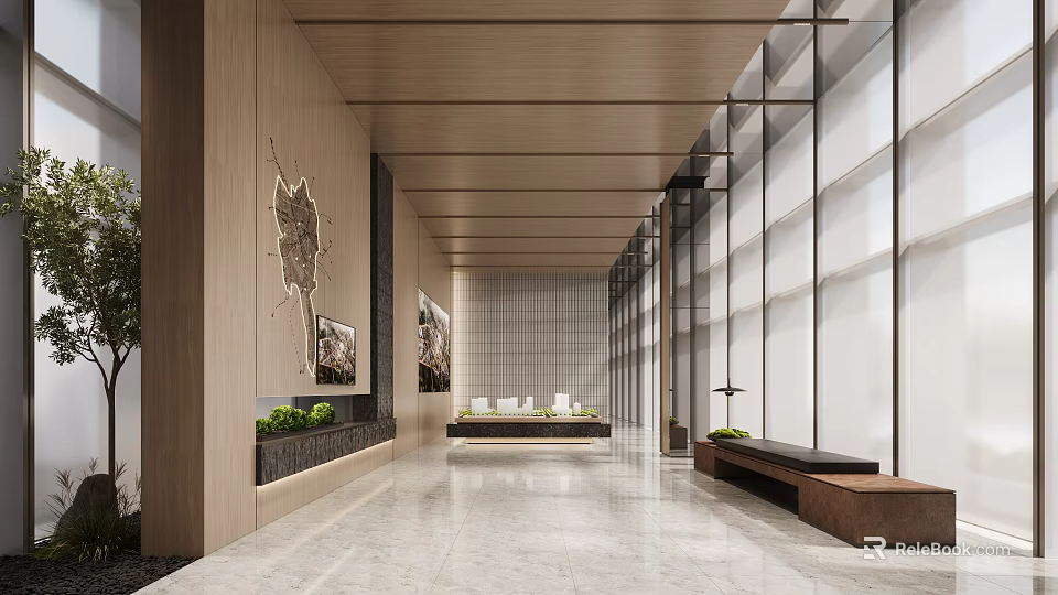 Spacious Modern Sales Office Corridor Space With Warm Wood Finishes And Polished Marble Interior Design 3d model 