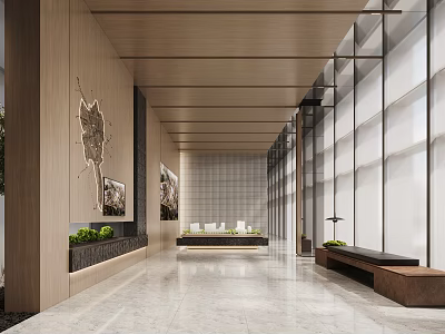 Spacious Modern Sales Office Corridor Space With Warm Wood Finishes And Polished Marble Interior Design 3d model