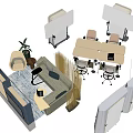 Modern Office Desk Setup with Chairs Dividers Sofa Area and Potted Plant