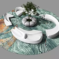 White Irregular Shaped Sofa on Round Colorful Leaf Pattern Rug with Small Plant in Center 3d model