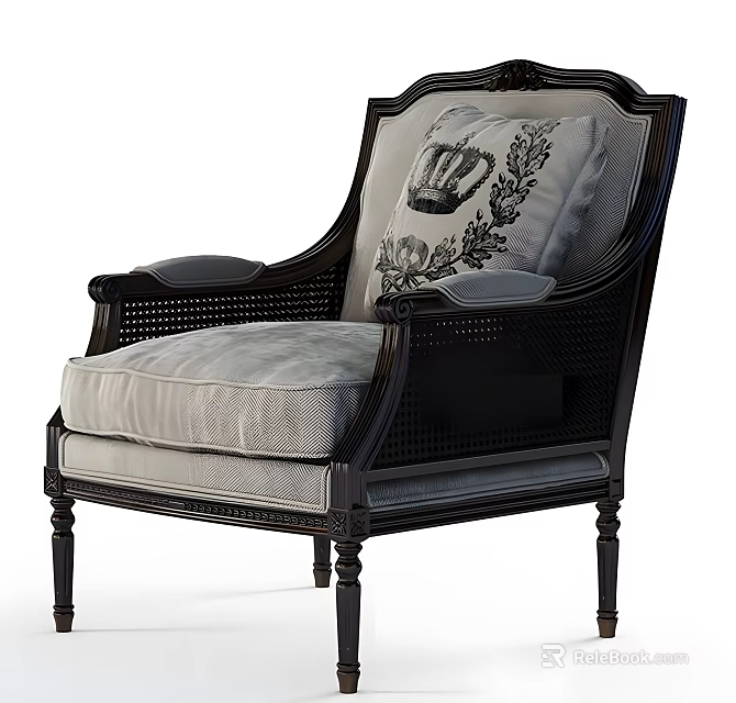 Classic Armchair Design With Black Frame Wicker Details Gray Cushion And Crown Floral Patterned Pillow 3d model 