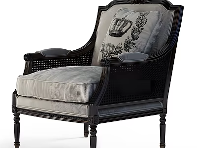 Classic Armchair Design With Black Frame Wicker Details Gray Cushion And Crown Floral Patterned Pillow 3d model