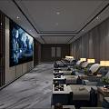 Luxury Lounge Interior With Comfortable Recliners Neatly Arranged Small Tables And Large Screen