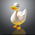 White Duck Cartoon Style 3D Model With Yellow Beak And Feet Standing On Black Background