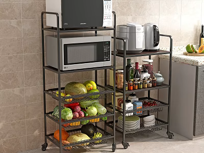 Kitchen Multi tier Storage Rack Organizer with Microwave Rice Cooker Fruits Vegetables and Spices 3d model