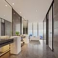 Modern Elegant Hotel Guest Room with Open Living Area Workstation Sofa Pendant Lights and Rug