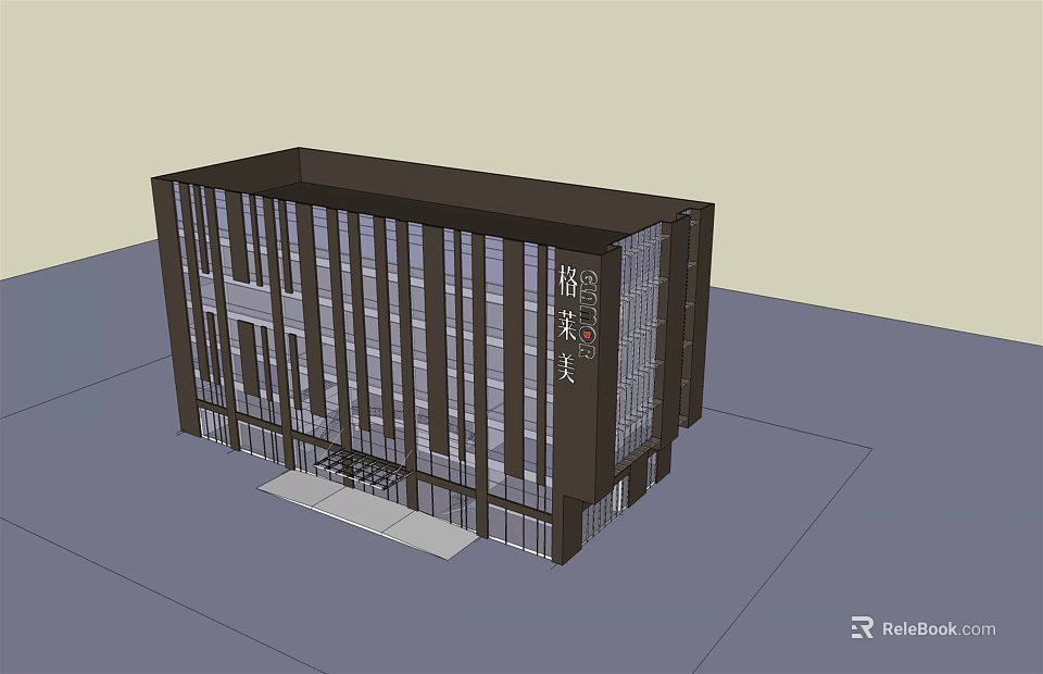 Modern Office Building With Glass Curtain Wall And Vertical Stripe Design Front Entrance Area 3d model 