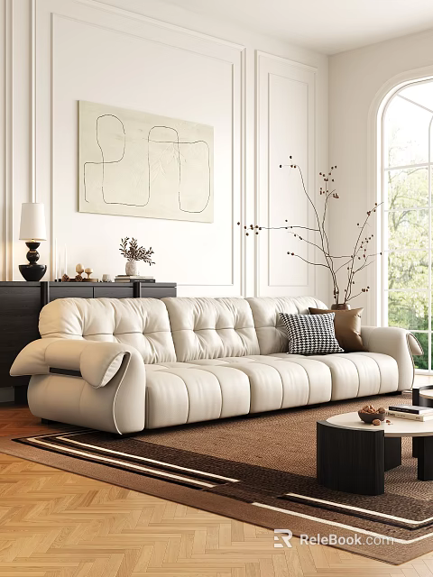 White Leather Tufted Three Seater Sofa With Cushions Side Cabinet And Window View 3d model 
