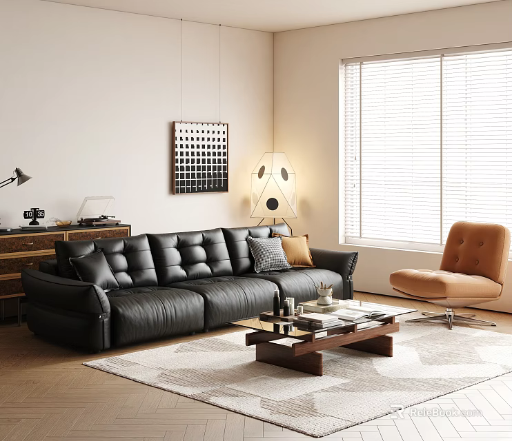 Modern Black Leather Sofa Coffee Table Set With Orange Armchair Wooden Floor And Window Blinds 3d model 