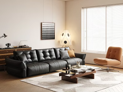 Modern Black Leather Sofa Coffee Table Set With Orange Armchair Wooden Floor And Window Blinds 3d model